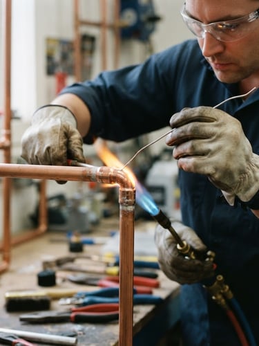 Medium close-up of a technician soldering a clean copper pipe joint, bright neutral daylight, crisp metallic details, sharp focus, 35mm