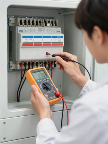 A technician in a clean uniform using a digital multimeter to test a commercial HVAC control board under high-key utility lighting, 35mm