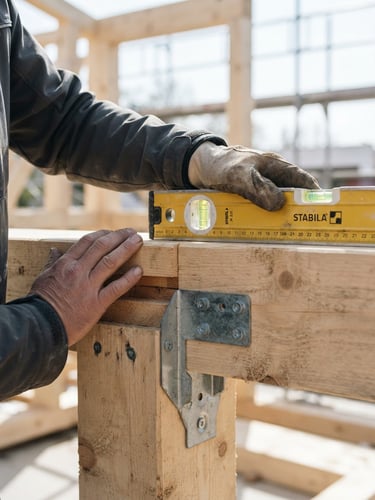 A close-up of a technician's hands using a level on a newly installed structural timber joint, bright daylight, crisp focus