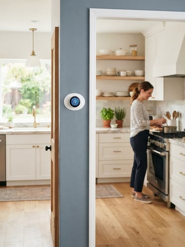 A bright, clean home interior with soft natural daylight shining on a modern thermostat and a family kitchen in the background, professional editorial photography