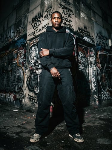 Model in Stucci Wear hoodie, low-angle heroic shot, harsh flash photography, graffiti-covered concrete wall in an urban alleyway, desaturated tones with deep blacks
