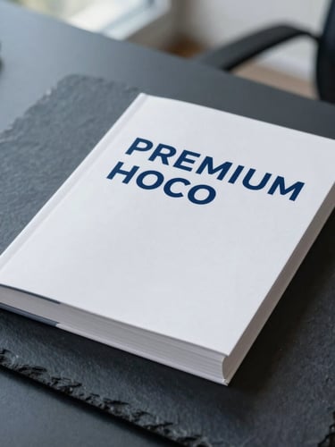 Premium hardcover book mockup on a dark slate desk, clean minimalist typography on the cover, soft cool office daylight, professional setting.