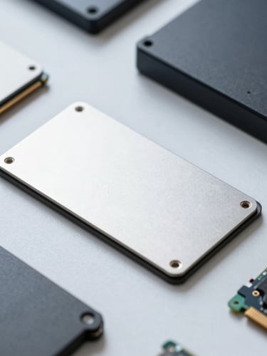 Macro shot of high-quality computer hardware, clean SSD and RAM modules on an organized workspace, bright cool daylight, sharp focus, minimalist composition