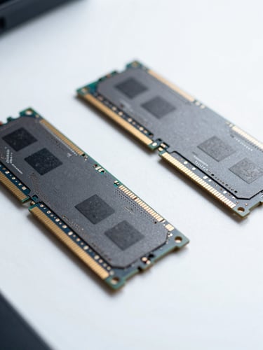 Macro shot of high-quality computer hardware components, clean technical photography, bright cool studio lighting, sharp focus on SSD and RAM, minimalist composition, 50mm