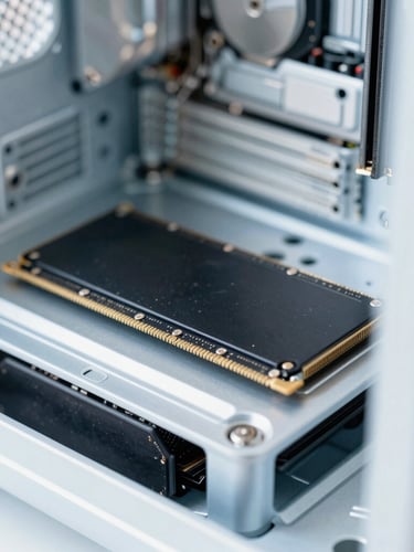 Macro shot of a high-quality SSD installation inside a clean modern computer chassis, bright cool daylight, sharp focus on hardware components, minimalist composition, 50mm
