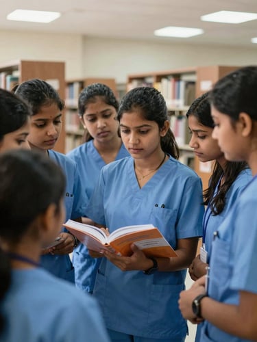 Group of nursing students collaborating in a bright, modern Ranchi campus library, focused on a textbook