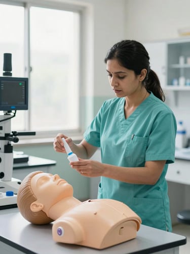A professional female nursing educator in a clean teal uniform demonstrating medical equipment on a training mannequin, bright natural daylight, clean organized Ranchi lab background.