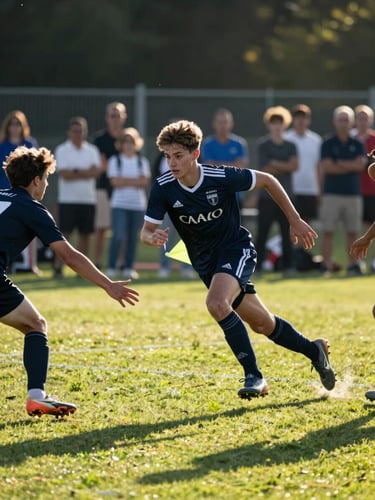 Wide environmental shot at eye level, a young player in a navy jersey sprinting down a green grass field mid-game, an opposing defender's hand reaching for the flag at his hip, natural afternoon sunlight casting long shadows across the turf, crowd of parents blurred in the background along the sideline fence