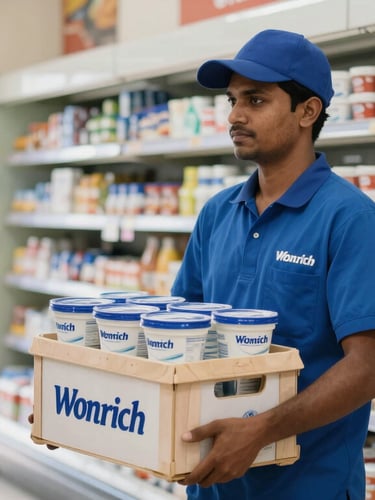 A delivery professional in a clean uniform carrying a crate of fresh Wonrich yogurt cups into a bright Sri Lankan grocery store, natural morning light, sharp focus.