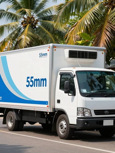 A modern refrigerated delivery truck with clean blue and white branding parked along a sunny street in Kattankudy, bright tropical daylight, sharp focus, 35mm.