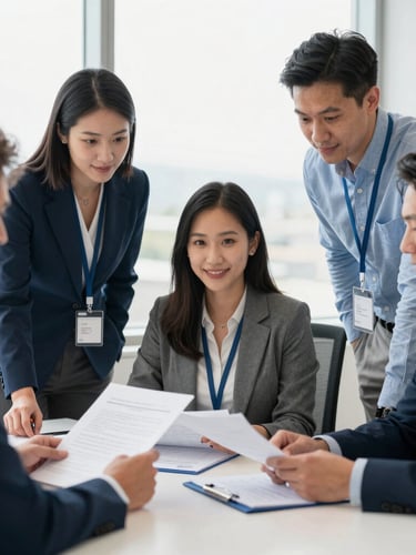 Professional photograph of R&M Accounting Tax team members collaborating over documents in their bright, modern Everett office, natural daylight, sharp focus, one team member smiling at the camera, professional editorial photography, clean corporate blue and grey tones, 35mm