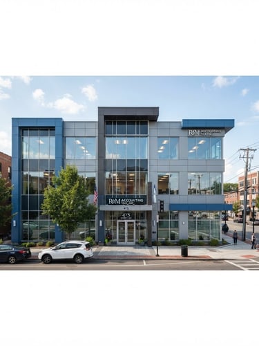 Wide panoramic shot of R&M Accounting Tax, Inc.'s office exterior on Broadway, Everett, MA, under bright natural daylight, clean corporate blue and grey tones, sharp focus, 35mm.