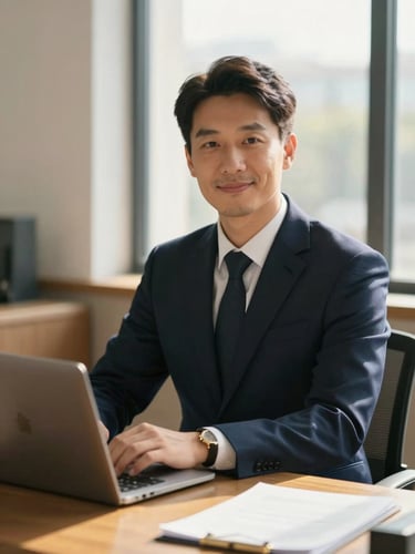 Warm editorial portrait of an immigration attorney in a sunlit office, deep navy suit, gold desk accents, soft window lighting, shallow depth of field, 35mm