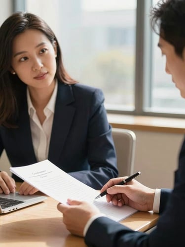A professional medium-close up of an attorney and a community leader discussing documents in a sunlit conference room, warm editorial photography, soft natural window light, deep navy and gold accents, shallow depth of field, 35mm