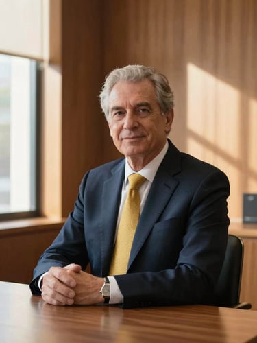 Professional portrait of a senior attorney in a sunlit wood-paneled office, looking confident, warm natural light, shallow depth of field, 35mm
