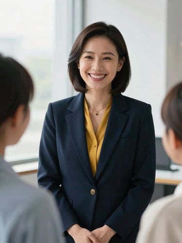 An editorial portrait of a female attorney smiling warmly at a family in a bright, modern office space, soft natural window light, deep navy and gold accents, shallow depth of field, 35mm