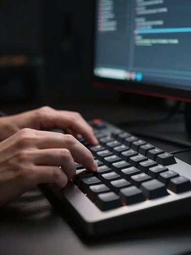 Extreme close-up of hands resting on a mechanical keyboard in a sparse, darkened workspace, a single terminal window glowing on the monitor behind — flat studio lighting, no warmth, no shadows