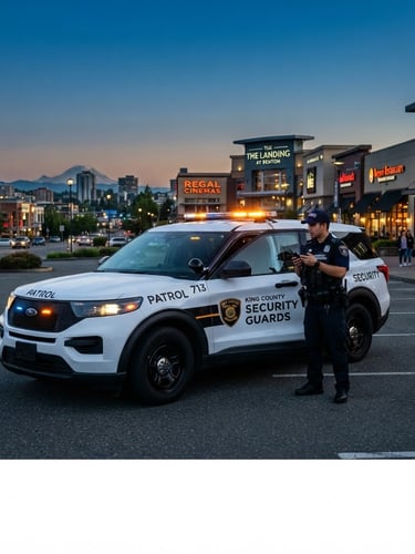 Wide panoramic shot of a fully marked KING COUNTY SECURITY GUARDS patrol vehicle parked prominently on a commercial property in Renton, WA at golden hour, safety lights active but not blinding, officer visible in uniform beside the vehicle, crisp daylight, deep navy tones, high contrast, 35mm lens.