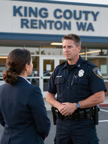 Portrait of a uniformed King County Security Guard officer engaging respectfully with a property manager in front of a commercial building in Renton, WA, crisp daylight.