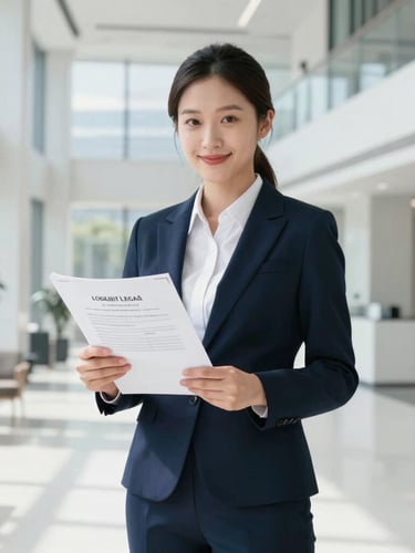 A professional business executive holding legal documents in a bright, modern corporate office lobby, clean daylight, navy and white tones.