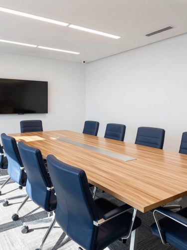 Wide-angle interior of a modern, sunlit conference room in Davao City, large wooden table with clean lines, comfortable navy chairs, presentation screen on the wall, bright daylight.