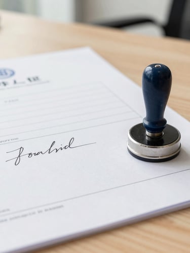 Close-up of signed corporate registration documents and a steel corporate seal on a clean wooden desk, bright office daylight, sharp focus.