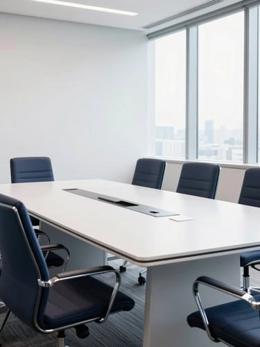 A clean, modern meeting room with a polished conference table and sleek chairs, bright daylight, professional corporate setup.