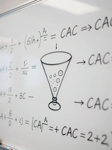 High-contrast close-up of a physical whiteboard covered in complex funnel math and CAC equations, cool office lighting