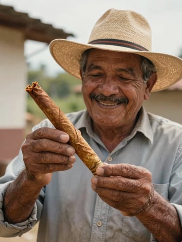 Primer plano de un productor de tabaco de Estelí sonriendo con sombrero de ala ancha, sosteniendo hojas de tabaco curado entre sus manos curtidas, luz dorada natural