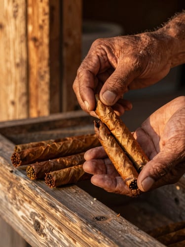 Primer plano de manos curtidas sosteniendo hojas secas de tabaco curado en un secadero tradicional de Estelí, luz cálida de atardecer filtrándose por las rendijas de madera.