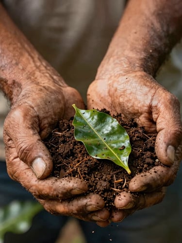 Close-up of weathered hands of a Nicaraguan farmer gently holding rich dark soil mixed with green coffee leaves, warm natural afternoon light, high texture detail.