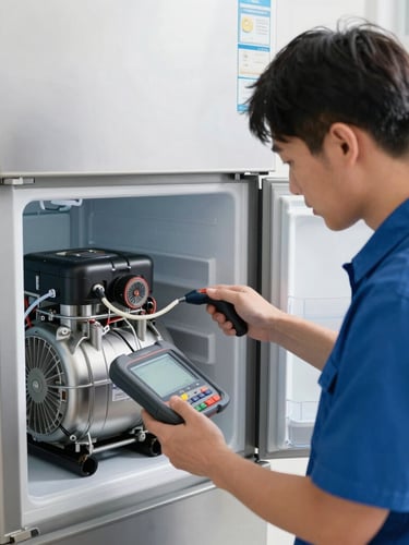 A professional technician in a clean uniform using diagnostic tools on the compressor of a modern stainless steel refrigerator, bright natural daylight, technical details, sharp focus