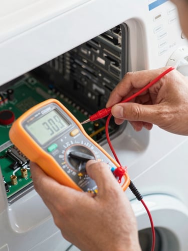 Close-up of a technician's hands using a digital multimeter to test the electrical contacts of a modern washing machine control board, bright natural utility lighting, sharp focus on tools.