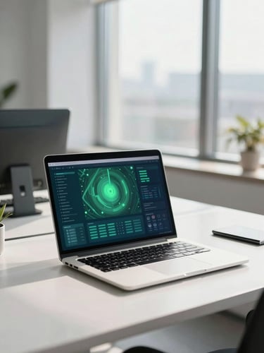 A professional Canadian corporate office setting, a clean desk with a laptop displaying an abstract green and blue security dashboard, soft natural daylight streaming from a large window, shallow depth of field