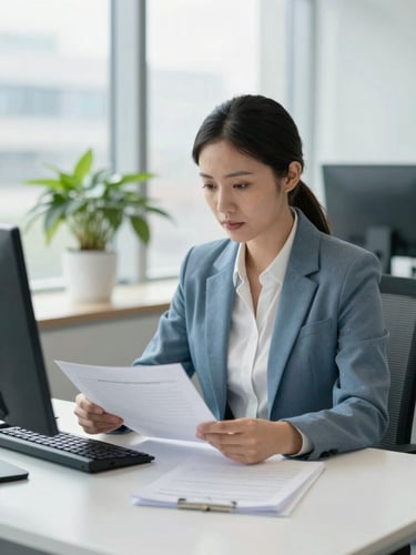 A professional Canadian modern office, bright natural daylight, a focused HR manager reviewing documents on a clean desk, soft blue tones, shallow depth of field