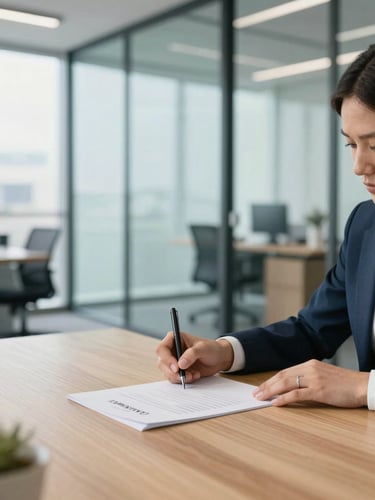 A bright modern Canadian office with natural daylight, clean glass partitions, a professional signing a document on a wooden desk, shallow depth of field
