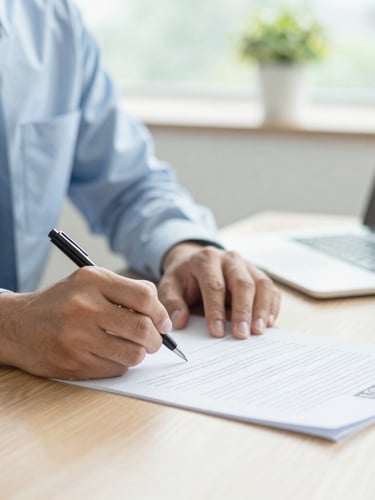 Close-up of professional hands signing a lease agreement on a clean wooden desk, bright natural daylight, soft green tones, shallow depth of field.