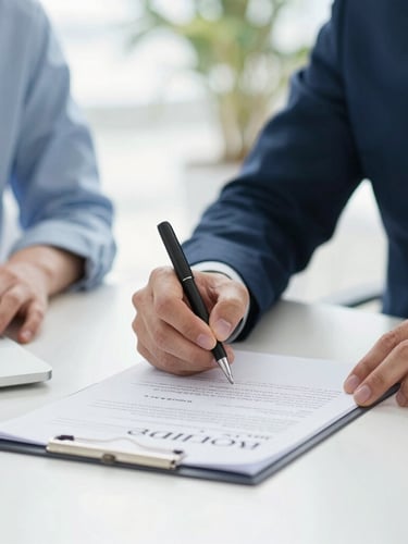 Close up on hands signing a lease agreement on a clean desk, bright natural daylight, professional corporate photography, shallow depth of field.