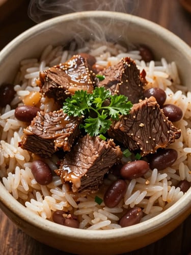 A top-down macro shot of a steaming ceramic bowl filled with traditional Brazilian rice, beans, and slow-cooked beef, garnished with fresh chopped parsley, warm afternoon sunlight casting soft shadows.