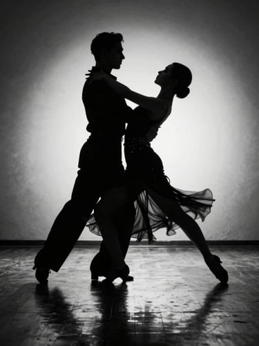 Dynamic low angle black and white shot of a ballroom dance couple in motion, sharp silhouettes, high-contrast chiaroscuro lighting, polished dark wood reflection, 35mm