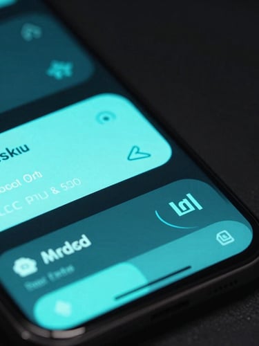 Extreme macro shot of a high-end Android OLED screen showing fluid cyber-cyan UI animations, neon light refraction, high contrast dark theme, professional technology photography