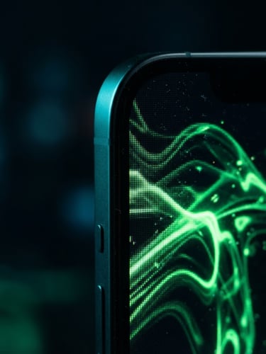 Extreme macro shot of a sleek dark smartphone screen displaying a fluid, high-contrast neon green UI transition, moody cyber-cyan background light, ultra-sharp focus on glass edge