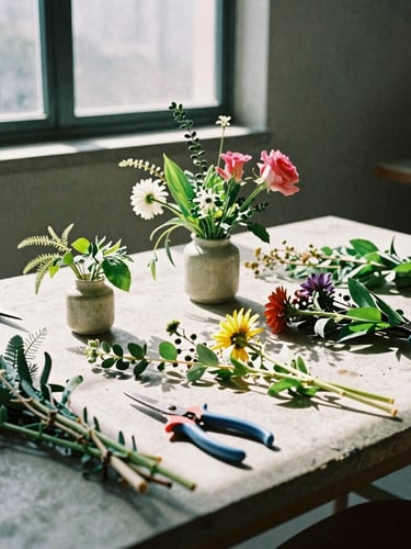 Stark editorial shot of a concrete studio worktable scattered with cut stems, shears, and asymmetrical botanical arrangements, sharp window daylight, high-contrast shadows, 35mm