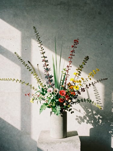 An asymmetrical botanical arrangement with wild-gathered stems in a minimalist concrete vessel, set against a raw concrete wall, sharp directional window daylight casting dramatic high-contrast shadows, 35mm editorial photography