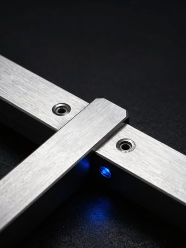 Macro detail of a high-end metal structural joint, razor-sharp focus, stark high-contrast studio lighting, deep black background with a single electric blue reflection