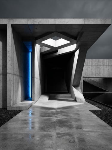 Ultra-wide angle architectural shot of a minimalist concrete pavilion, sharp high-contrast studio lighting, deep black shadows, clean geometric lines, 35mm