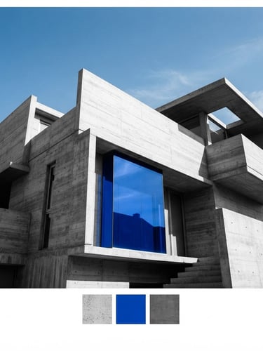 Sleek, minimalist architectural concrete structure with sharp shadows and a single cobalt blue glass panel, wide-angle 35mm photography, high-contrast daylight