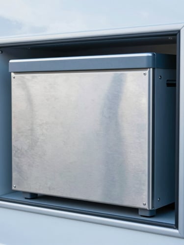 Close-up of a clean, modern stainless steel UV-C disinfection unit installed securely in a caravan utility compartment, technical detail, sharp focus, cool blue undertones