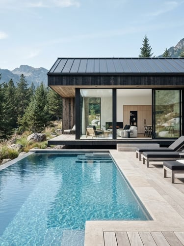 Clean commercial photography of a modern luxury holiday cabin with a crystal-clear outdoor pool, bright clinical daylight, cool blue undertones, sharp focus