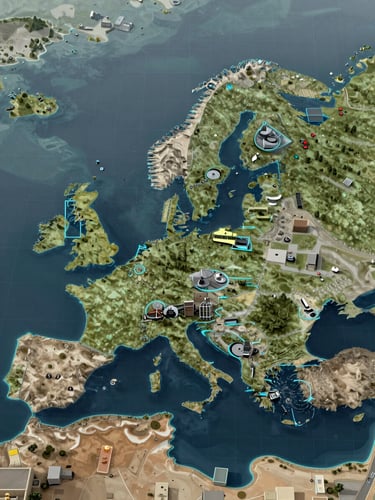 Overhead isometric view of procedurally generated European coastal industrial zone rendered as a high-fidelity digital twin, cyan bounding box annotations marking infrastructure objects, overcast cool daylight, precise grid geometry visible at terrain edges